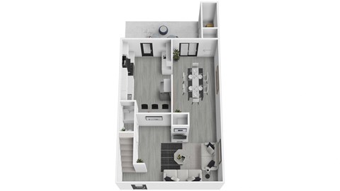 A floor plan of a small apartment with a kitchen, living room, and bathroom.